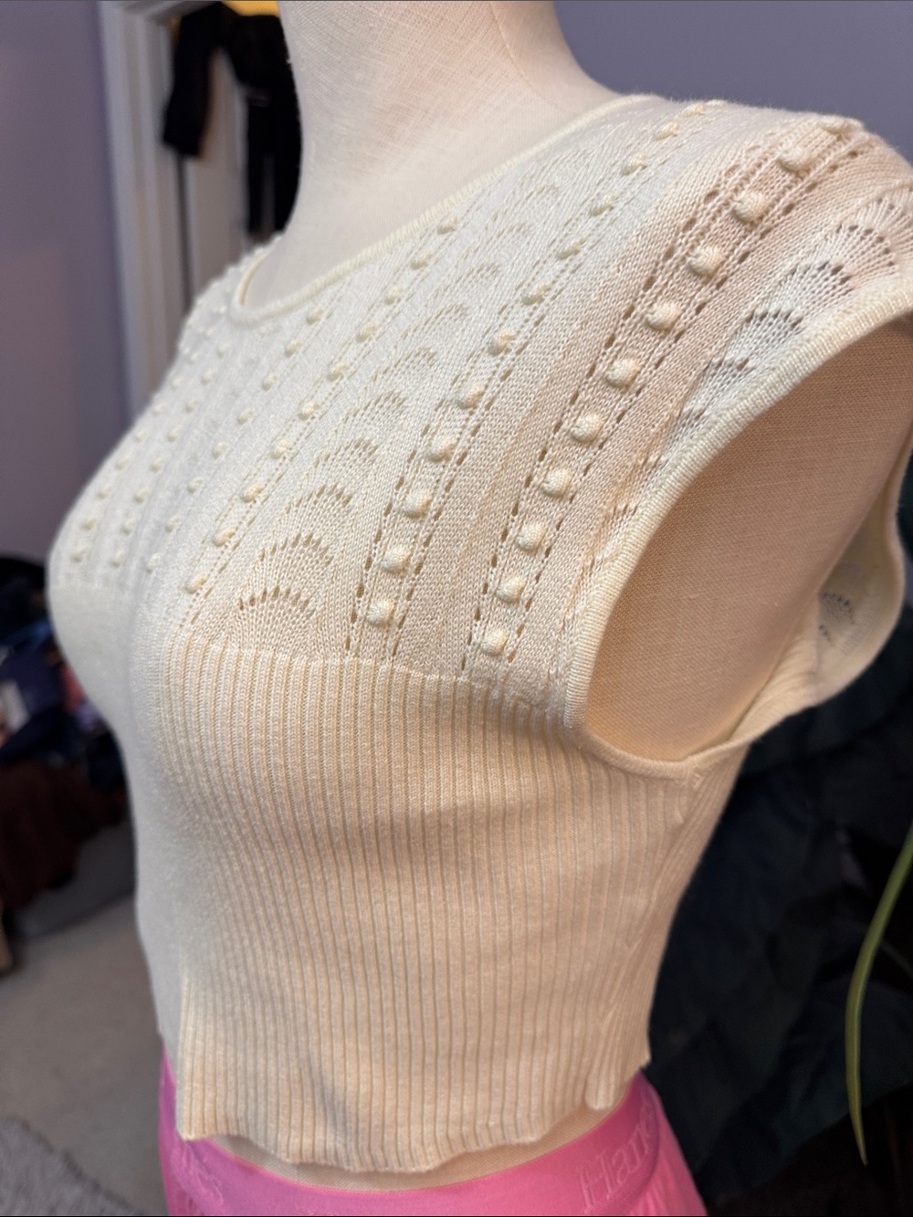 Free People Ivory Pointelle Cropped Sweater Tank Top Size M